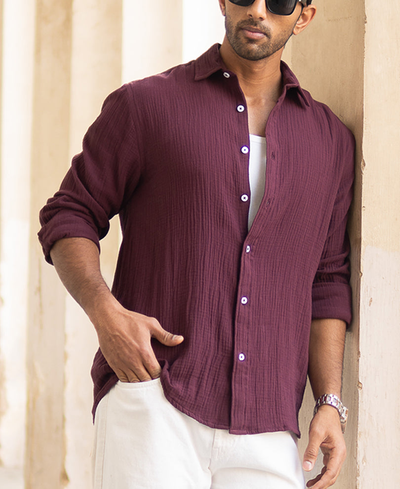 Wine Regular Fit Full Sleeves Structured Shirt