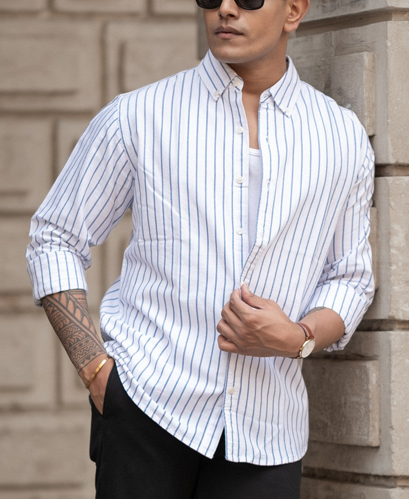 White And Blue Striped Regular Fit Shirt