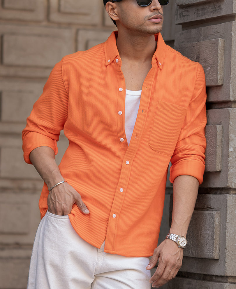 Orange Corduroy Regular Fit Full Sleeves Shirt
