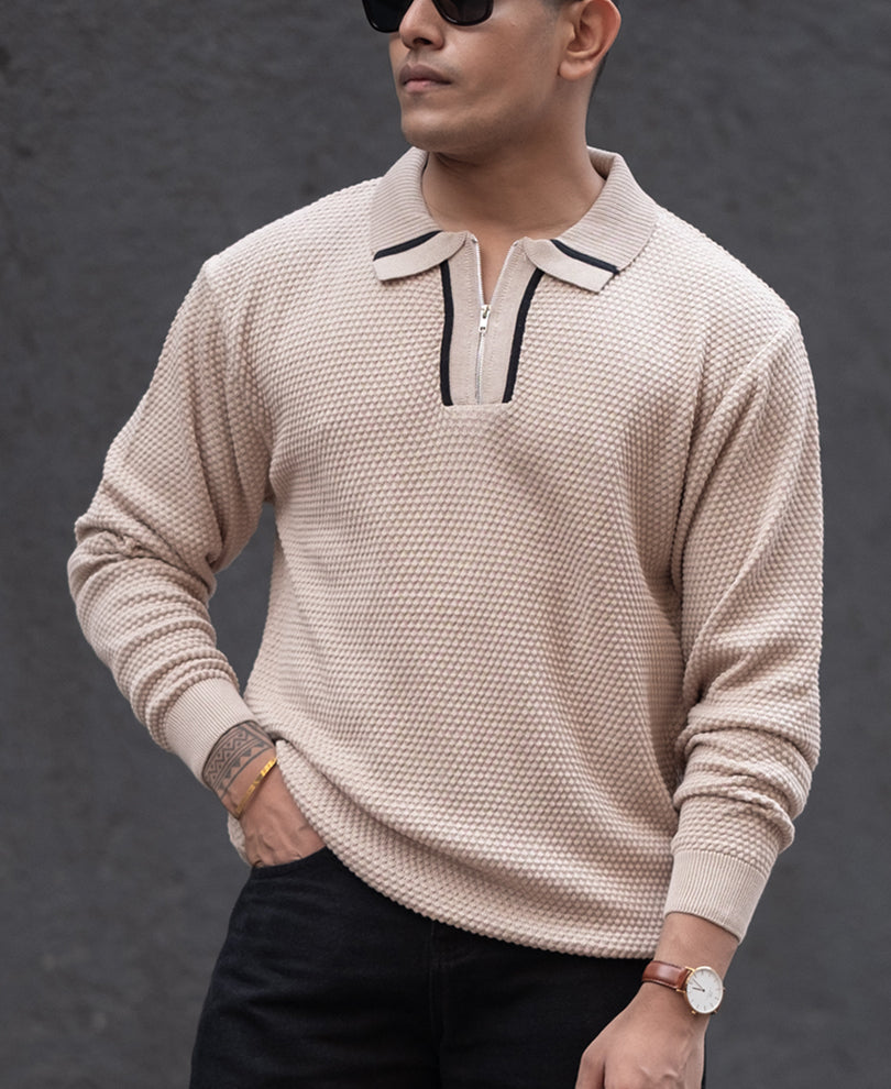 Beige Regular Fit Full Sleeves Polo T-Shirt