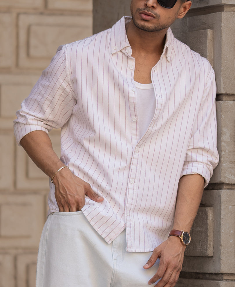 White And Maroon Striped Regular Fit Full Sleeves Shirt
