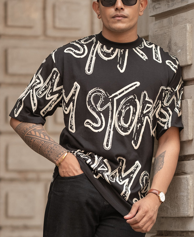 Black Storm Printed Oversized Half Sleeves T-Shirt