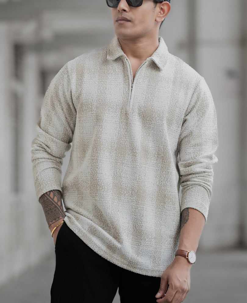 Beige Structured Full Sleeves Regular Fit T-Shirt
