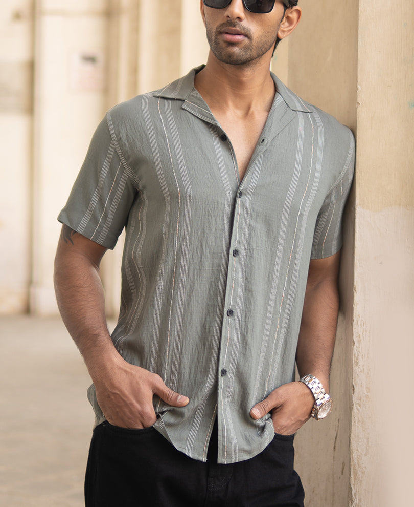 Green Micro Striped Flowy Shirt