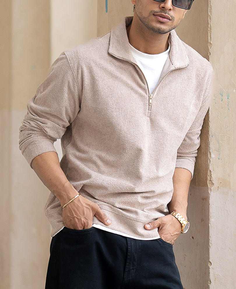 Beige Quarter Zip Polo T-Shirt