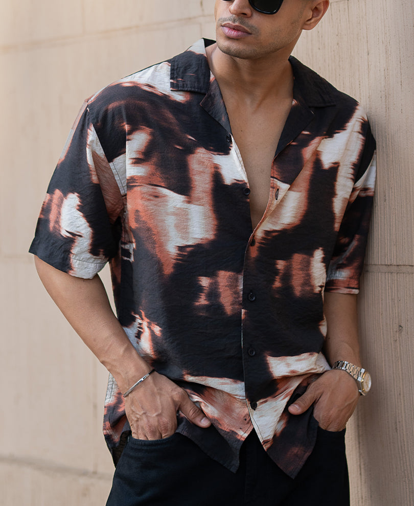 Dark Brown Cuban Printed Oversized Shirt
