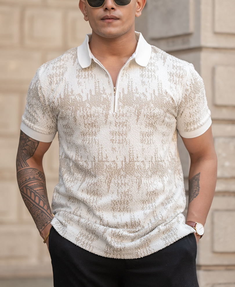 Beige Regular Fit Quarter Zip Polo T-Shirt