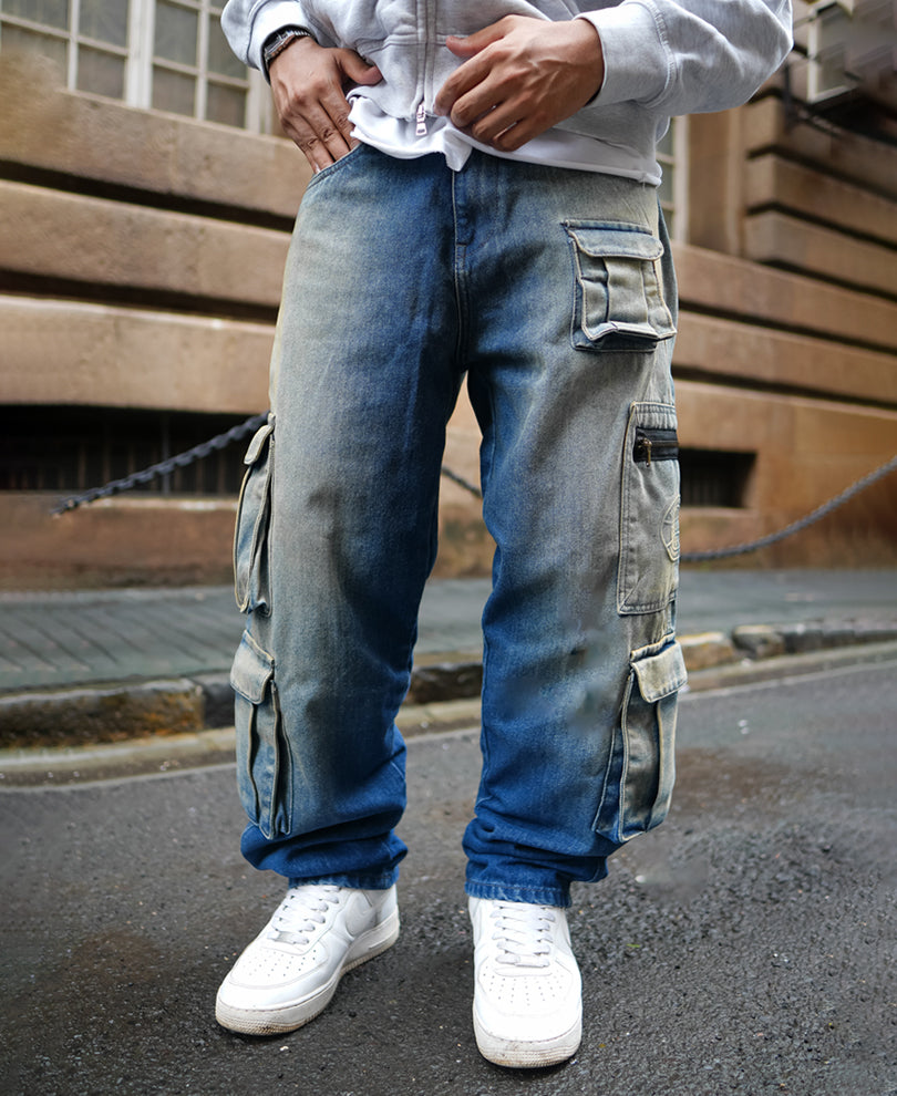 Blue Baggy Fit Cargo Denim Jeans