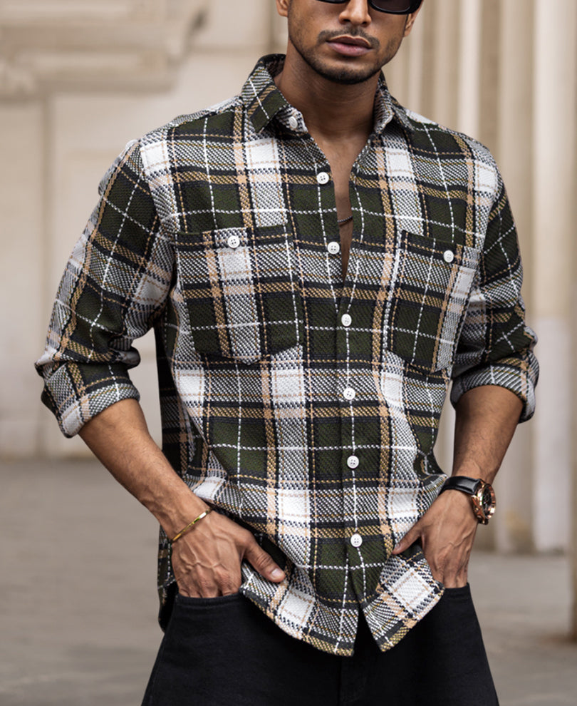 Olive Green Checked Regular Fit Full Sleeves Shirt