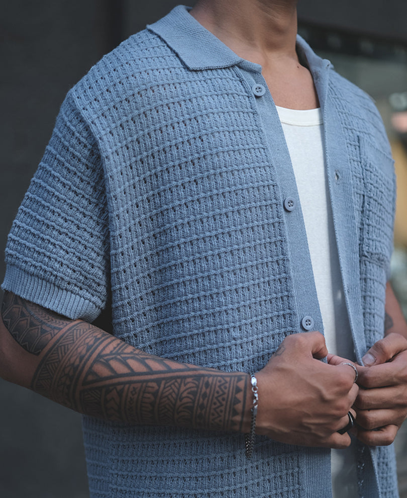 Grey Structured Flat Knit Half Sleeves Shirt