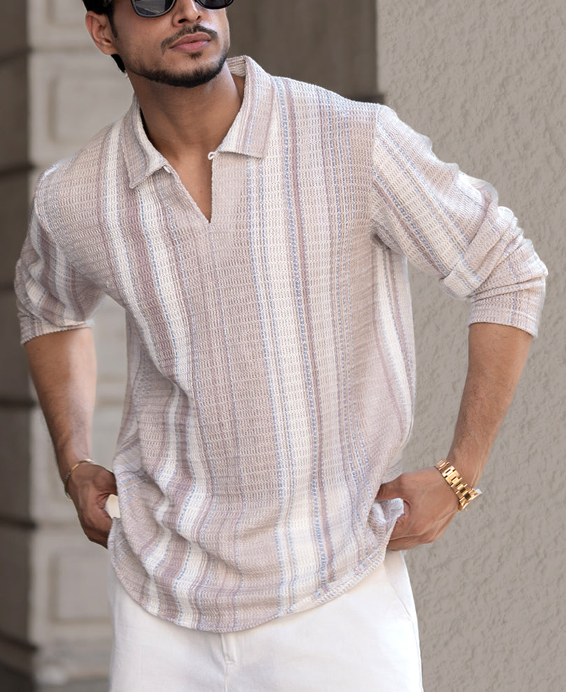 Beige Structured Regular Fit Full Sleeves T-Shirt