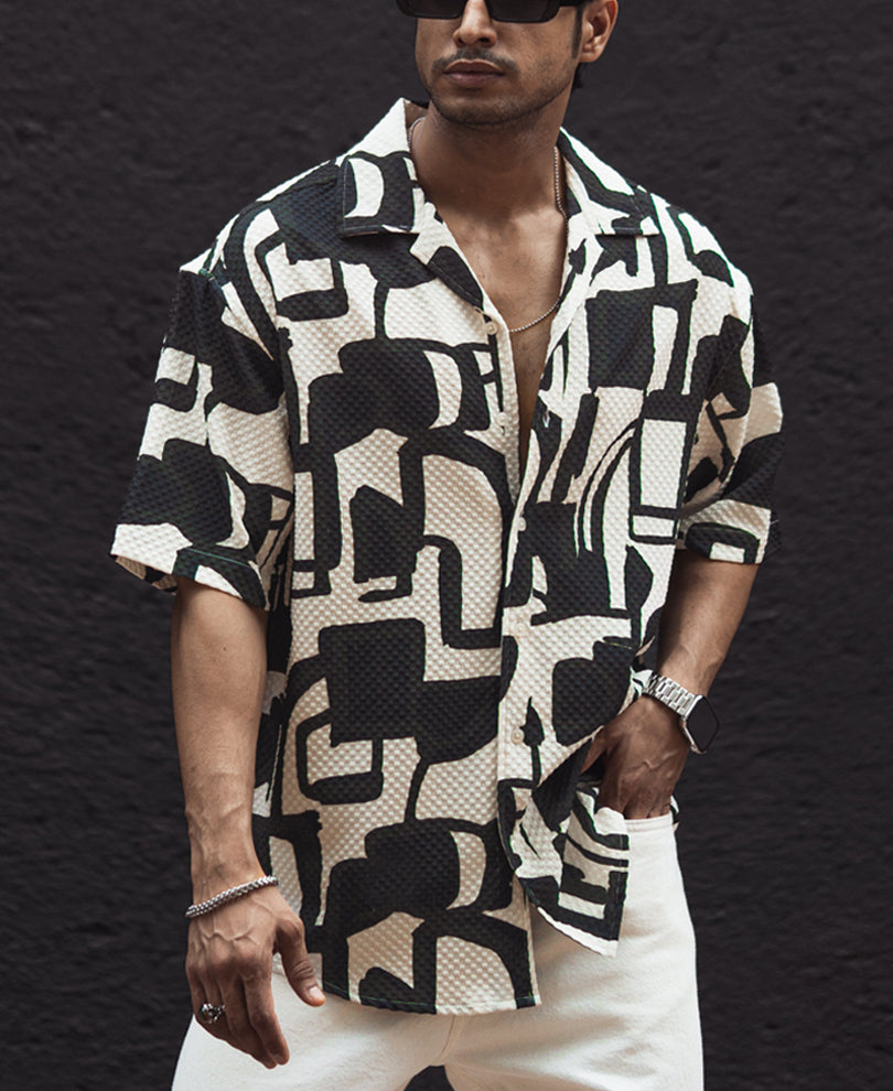 Black and White Structured Printed Half Sleeves Oversized Shirt