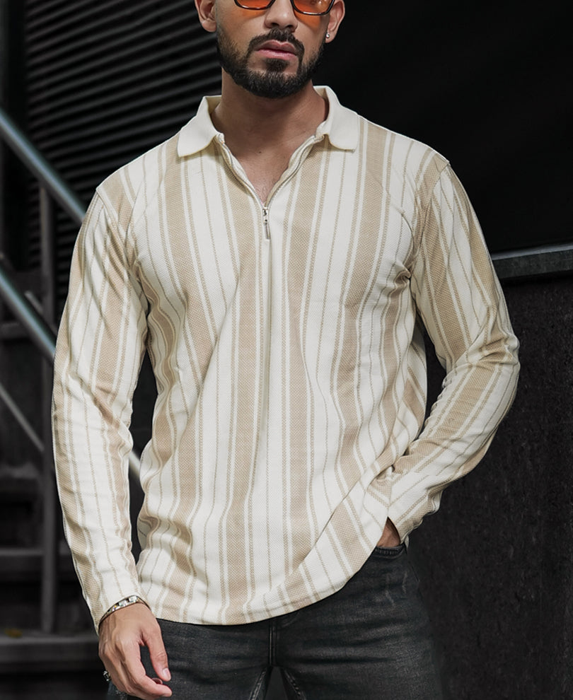 Multi Colour Zipper Stripes Regular Fit Full Sleeves T Shirt