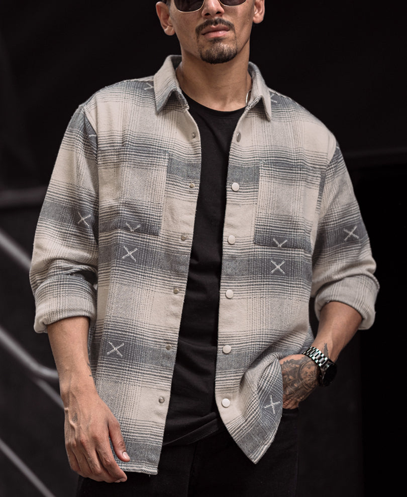 Grey and Off White Flannel Regular Fit Full Sleeves Shirt