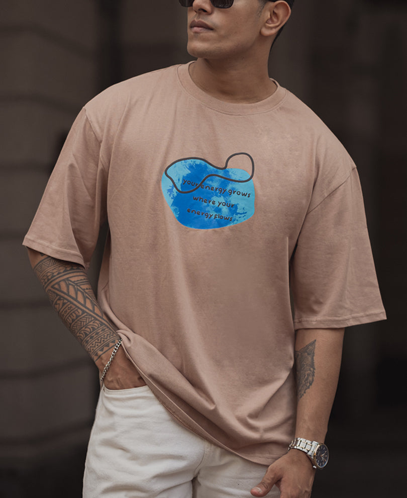 Beige Printed Oversized Half Sleeve T-Shirt