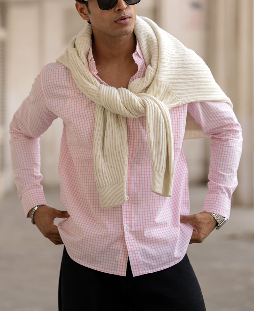 Pink Small Checked Regular Fit Full Sleeves Shirt