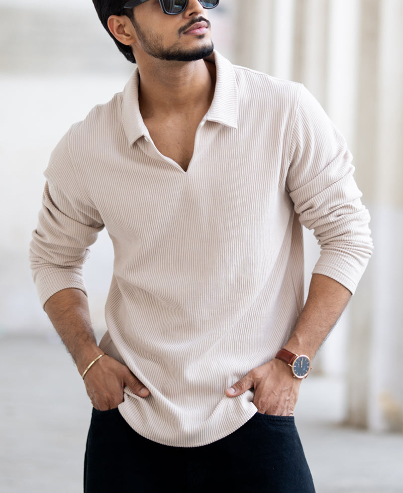 Beige Corduroy Regular Fit Full Sleeves T-Shirt