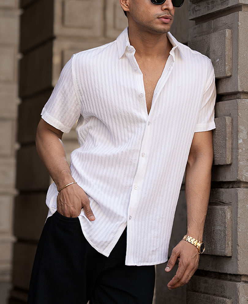 White Regular Fit Structure Half Sleeves Shirt