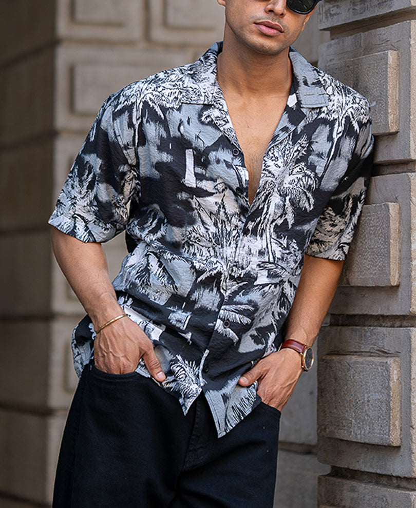 Black Structured Cuban Oversized Half Sleeves Shirt