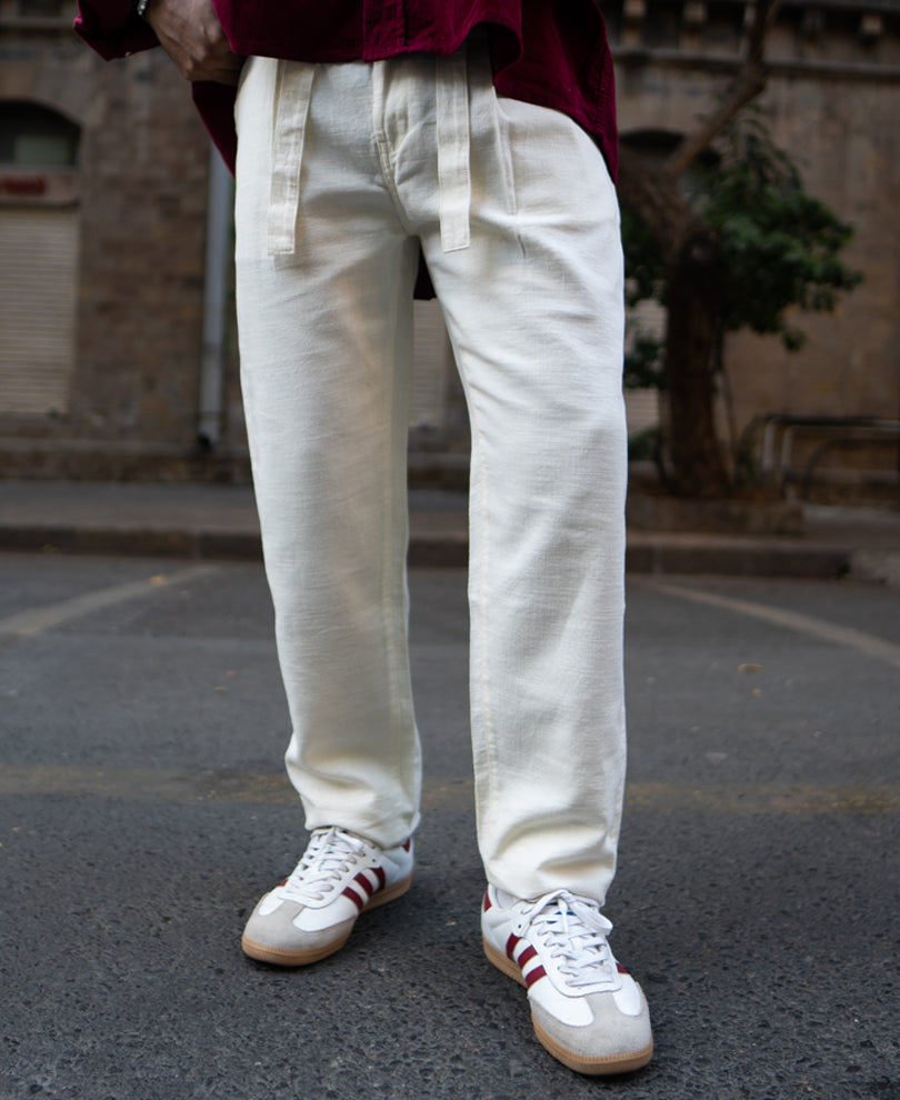 Off White Cotton Pant With Belt