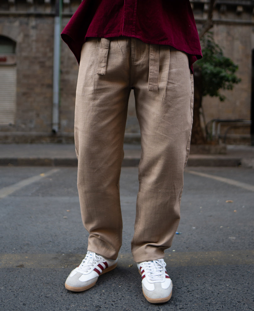 Beige Cotton Pant With Belt