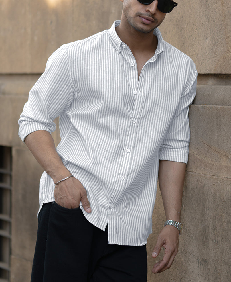 Light Grey Stripes Full Sleeves Regular Fit Shirt