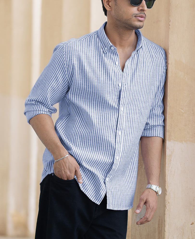Blue And White Striped Full Sleeves Regular Fit Shirt