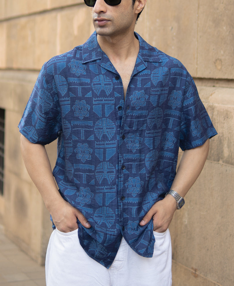 Blue Mask Print Flowy Shirt