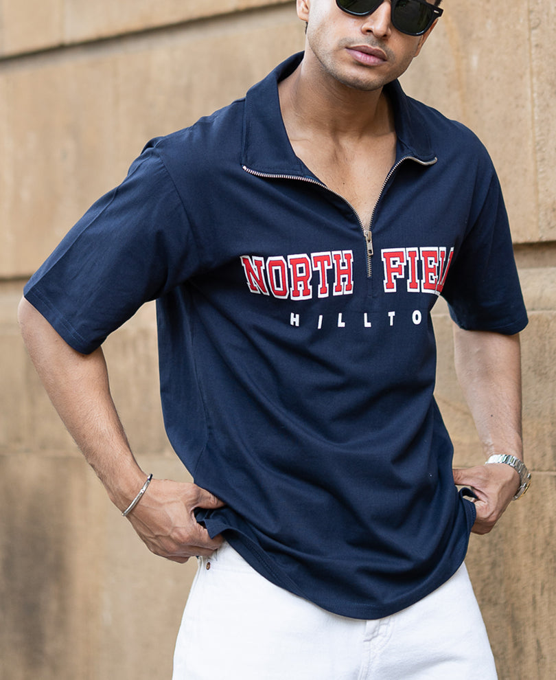 Navy Graphic Zipper Polo T-Shirt