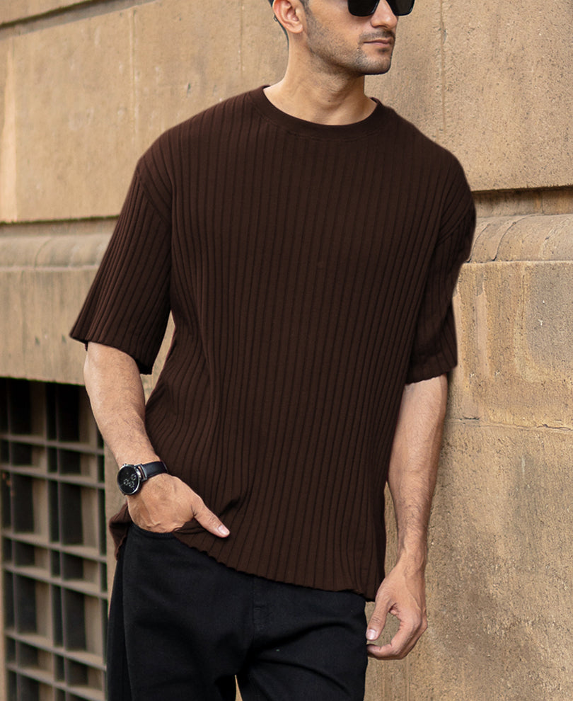 Dark Brown Rib Knit Oversized Half Sleeves T-Shirt