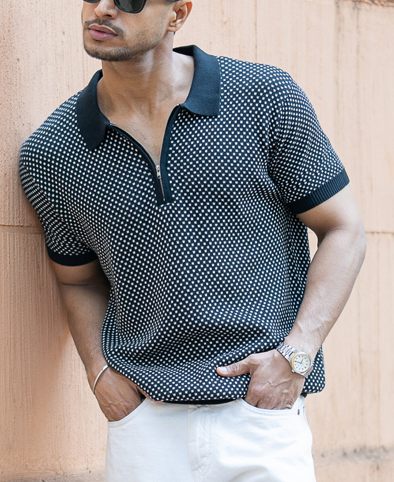 Black Jacquard Knit Polo T-Shirt