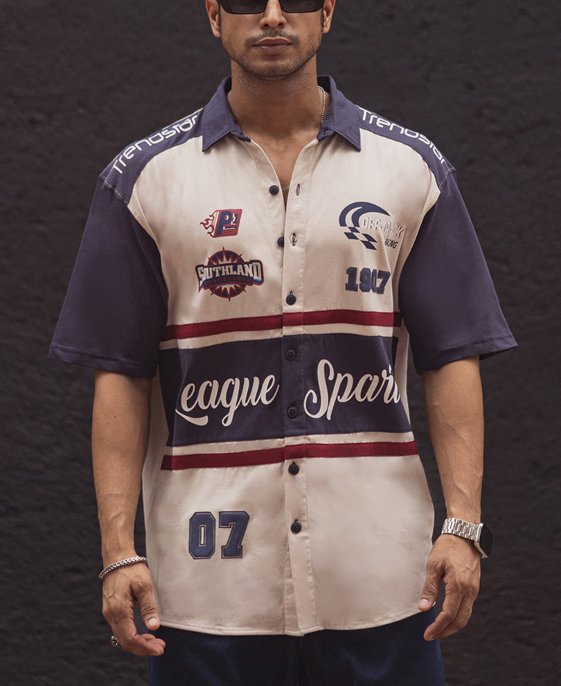 Navy Blue and Off White Printed Oversized Half Sleeves Shirt