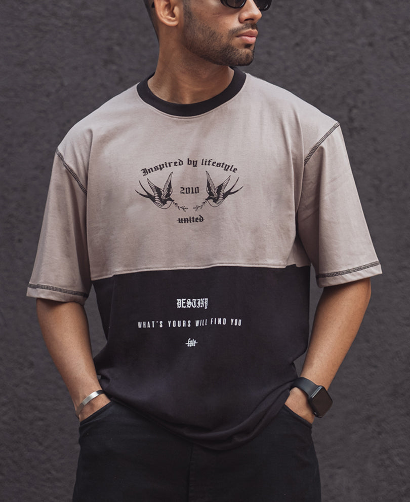 Grey and Black Oversized Printed Half Sleeves T Shirt