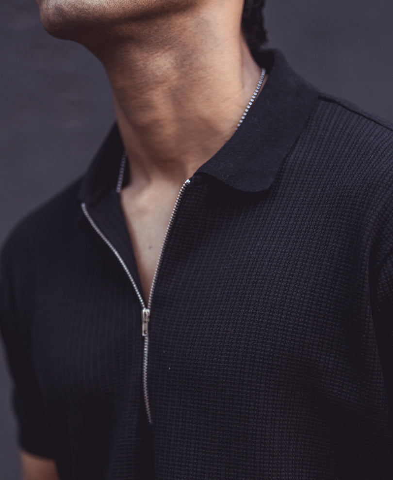 Black Structured Half Sleeves Zipper T Shirt