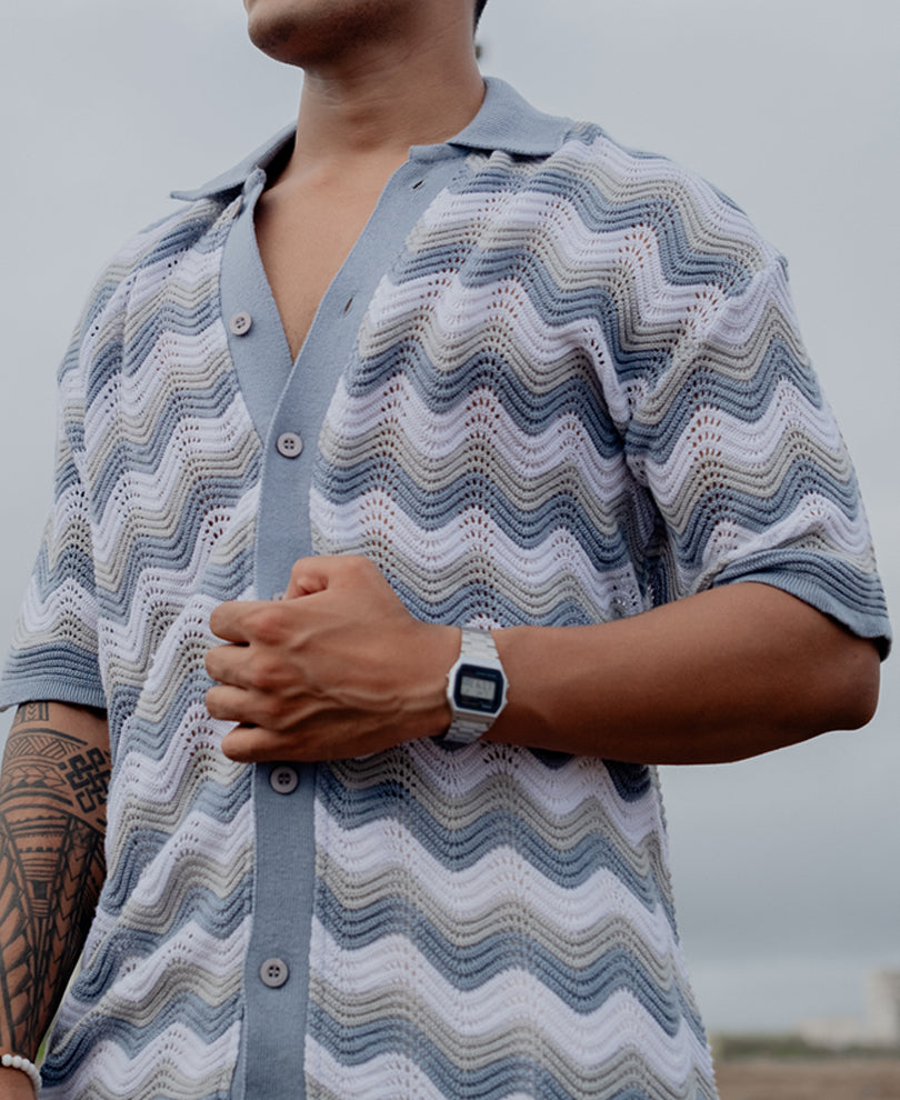 Sky Blue Structured Striped Oversized Fit Half Sleeves Shirt