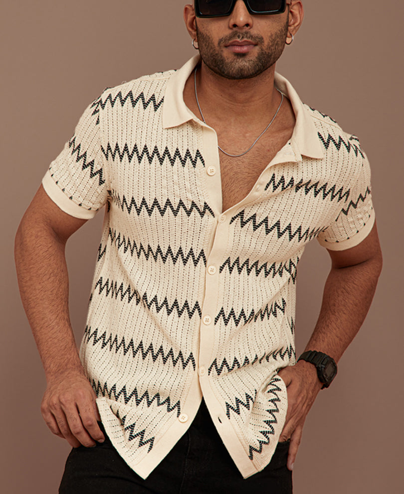 Off White Crochet Zigzag Striped Half Sleeves Shirt
