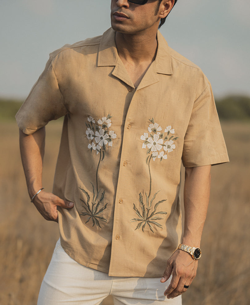 Beige Structured Embroidery Oversized Half Sleeve Shirt