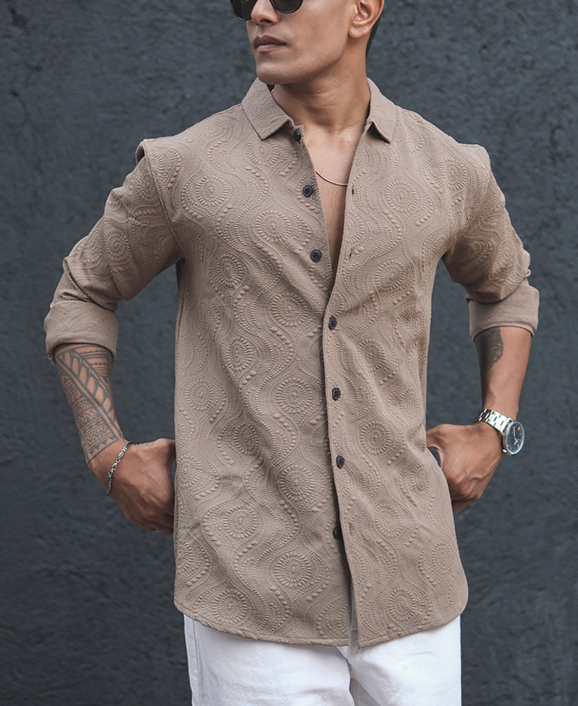 Beige Structured Regular Full Sleeves Shirt