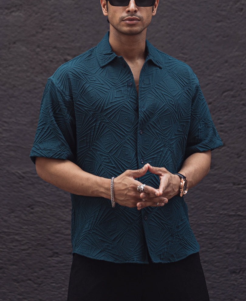 Teal Blue Structured Oversized Half Sleeves Shirt