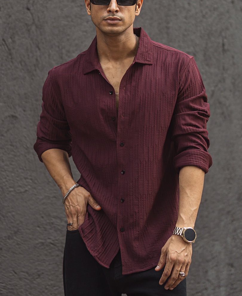 Wine Structured Regular Fit Full Sleeves Shirt