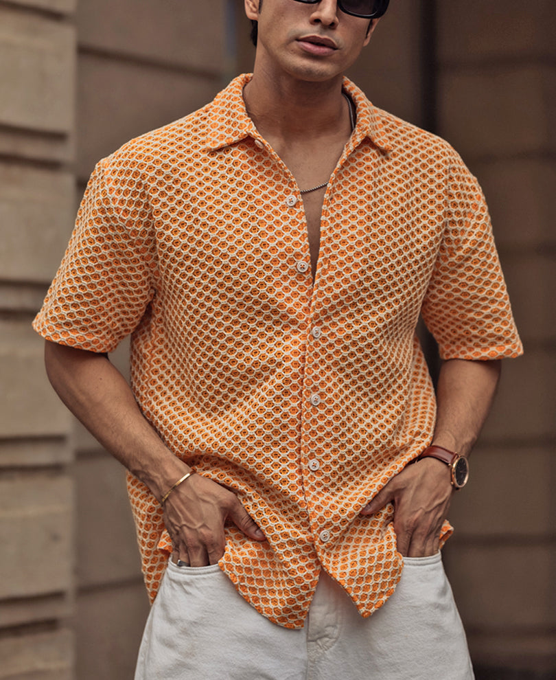 Orange and White Crochet Knit Oversized Shirt