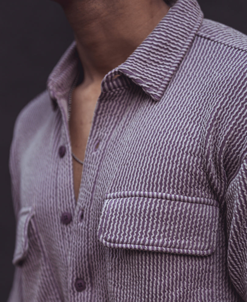 Purple Structured Knitted Shacket Oversized Half Sleeves Shirt