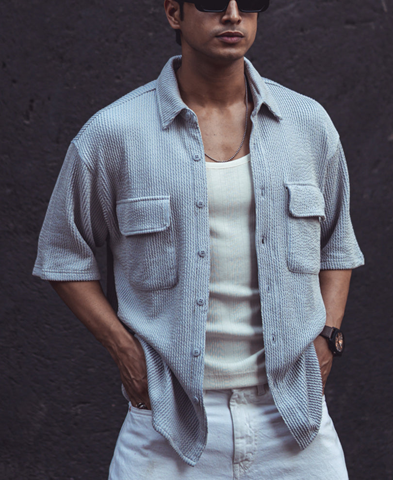 Sky Blue Structured Knitted Oversized Half Sleeves Shirt