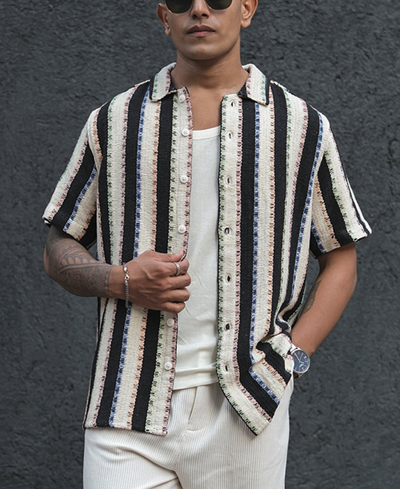 Multicolor Crochet Striped Half Sleeves Shirt