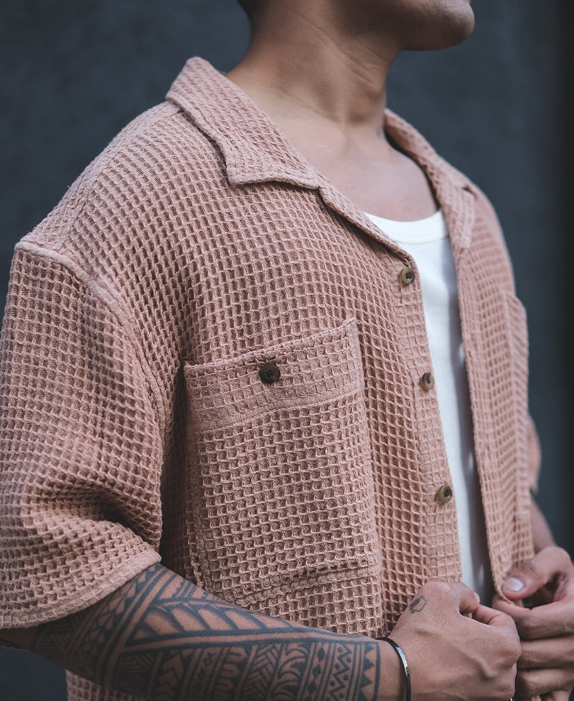 Camel Waffle Structured Oversized Half Sleeves Shirt