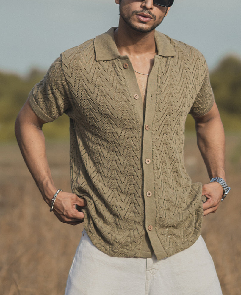 Beige Structured Knitted Half Sleeves Shirt