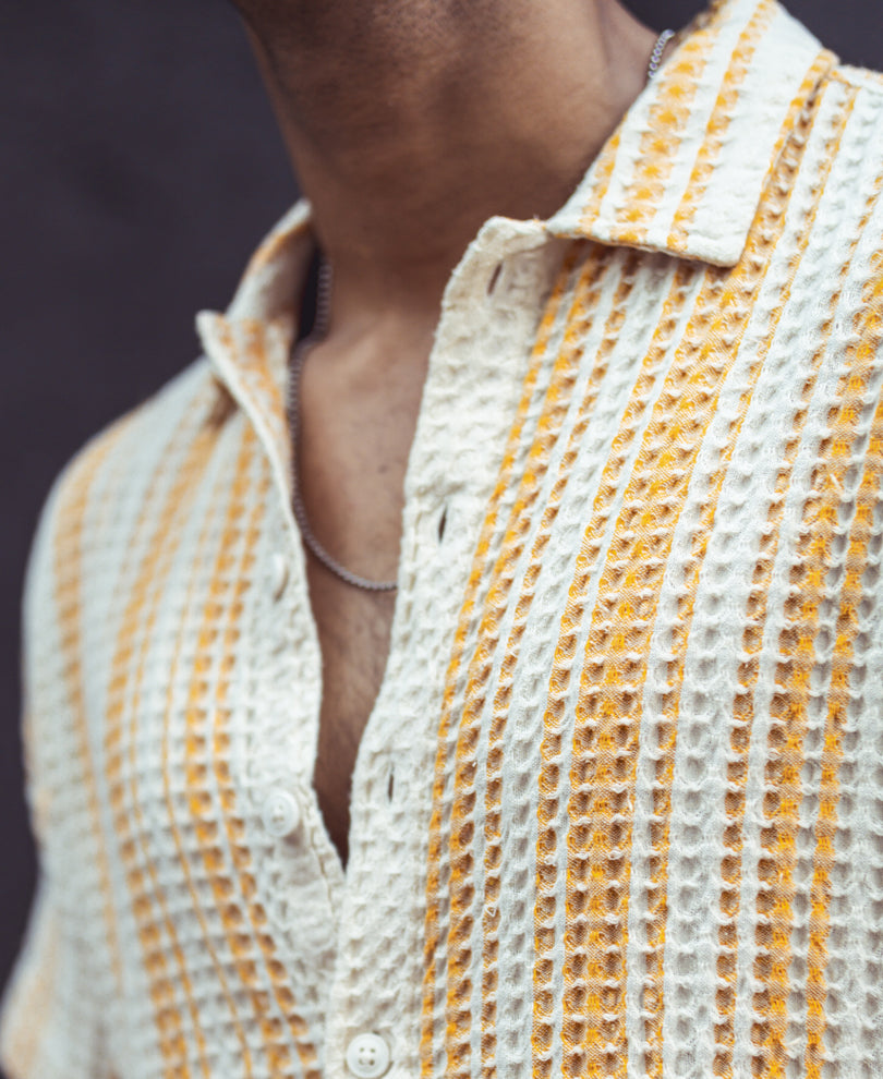 Yellow and Off White Structured Striped Half Sleeves Shirt