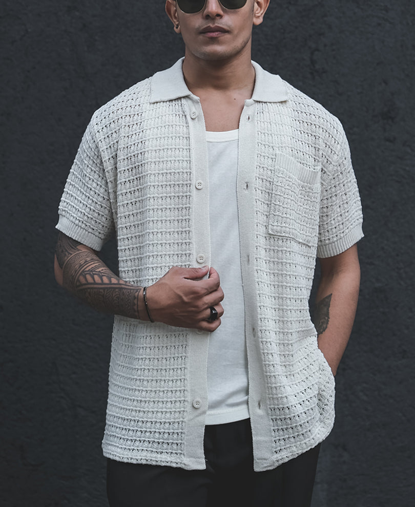 Off White Structured Knitted Half Sleeves Shirt