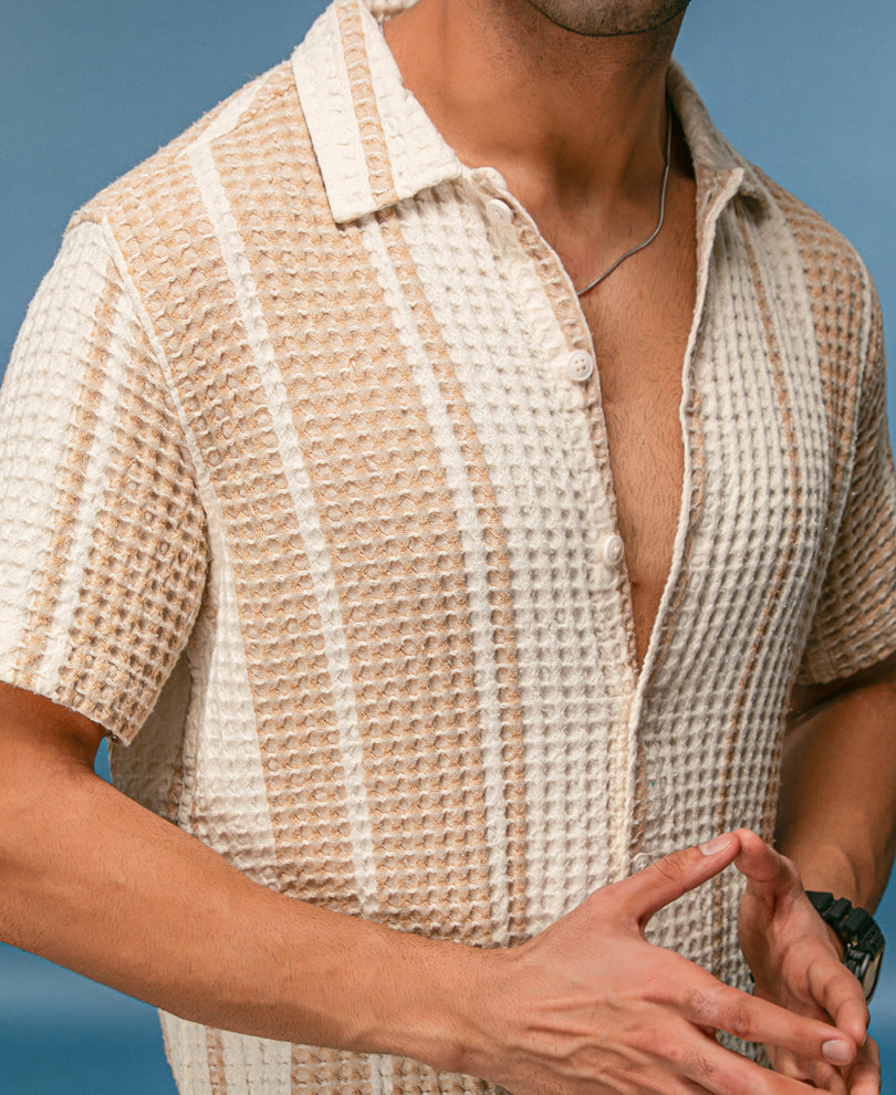 Beige and Off White Structured Half Sleeves Shirt