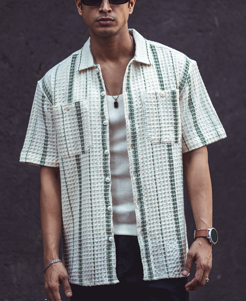 White and Green Structured Puff Waffle Striped Half Sleeves Shirt